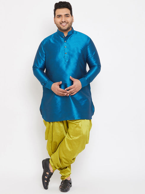 Vastramay Men's Plus Size Turquoise Silk Blend Curved Kurta Dhoti Set